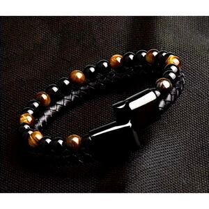 Unisex Double Layer Beaded Faux Braided Leather Yellow Tiger Eye Bracelet